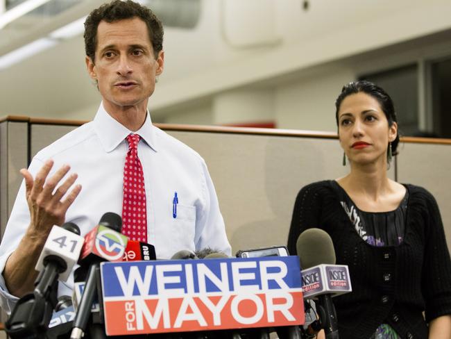 Former New York mayoral candidate Anthony Weiner speaks during a news conference alongside his then-wife Huma Abedin in 2013. Picture: AP Photo/John Minchillo