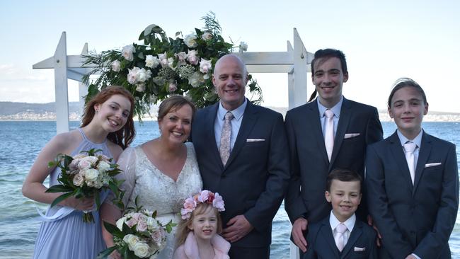 Former Labor Premier Lara Giddings marries Geeveston pharmacist Ian Magill at Seagrass Restaurant in Sandy Bay with the bridal party Kiki and Olly Magill, both 14, are the groomsmen, Jack Deveraux-Magill, 6, is the ring bearer, Ginger Magill, 11, the bridesmaid and four-year-old Natasha the flower-girl. Picture: Lana Monks