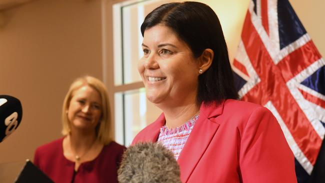 Newly-appointed NT Chief Minister Natasha Fyles addresses media with Deputy Chief Minister Nicole Manison. Picture: Amanda Parkinson