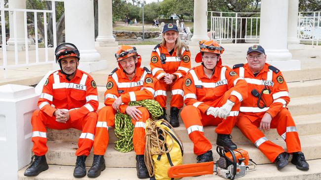 Members of Mosman SES unit at Balmoral Beach. Pictured, Pragash Santi, Ron Gallagher, Harriet Virgona, James Ball and Phillip Cleary. Picture: Jess Husband