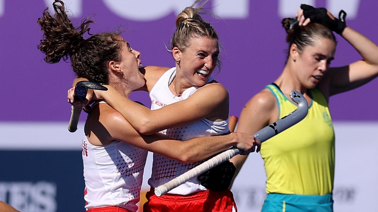 Anna Toman and Lily Owsley celebrate England’s victory over Australia. Picture: Mark Kolbe/Getty Images