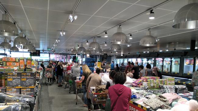 The checkout line at Aldi's Ringwood store was about 20m long on Wednesday.