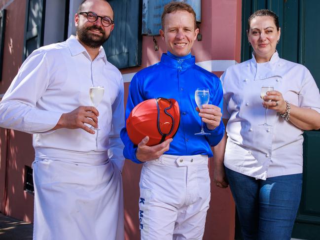 Daily Telegraph. 16, August, 2023.**HOLD FOR KC**Chefs David and Rosalba Wright, with jockey Kerrin McEvoy, at Buon Ricordo, in Paddington, today. This year's Everest Carnival will see the launch of Taste of the Turf.Picture: Justin Lloyd.