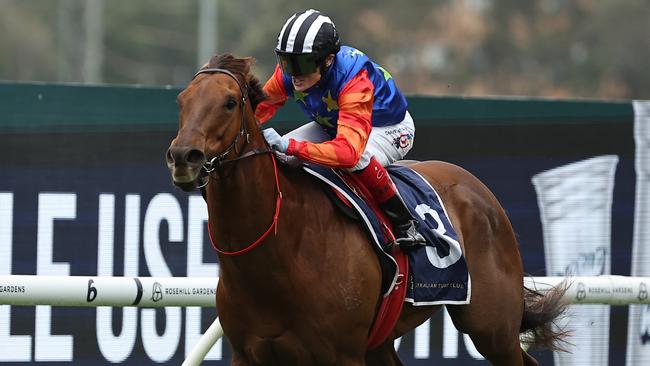 Craig Williams sports some fancy goggles in Bella Nipotina’s easy win in the Russell Balding Stakes at Rosehil. Picture: Jeremy Ng/Getty Images