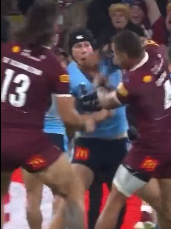 Punches were thrown between Blue Matt Burton and Maroon Dane Gagai. Source: Fox League