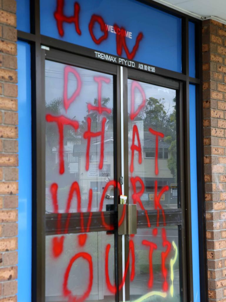 The graffiti was sprawled across several windows at the electorate office. Picture: NewsWire/Tertius Pickard