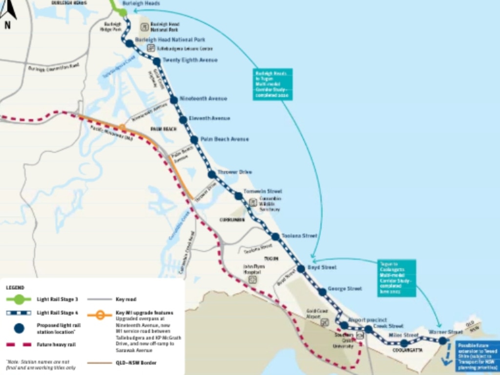 Gold Coast transport map showing future light rail and heavy rail to the border.