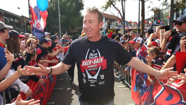 Roosters coach Trent Robinson pictured at the Sydney Roosters fan morning at Moore Park after the Roosters win in the 2019 NRL Grand Final. Picture: Richard Dobson