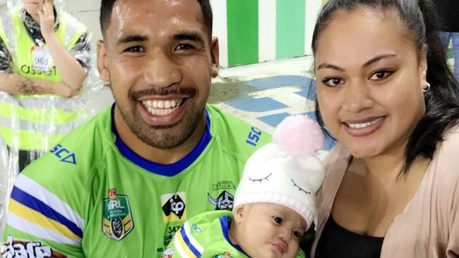 Canberra Raiders hooker Siliva Havili with daughter Mausia and wife Loretta.