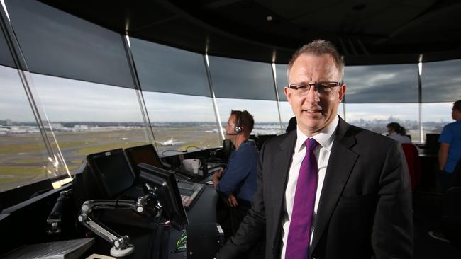 Urban Infrastructure Minister Paul Fletcher, inside the air traffic control tower at Sydney Airport. Picture: Bob Barker.