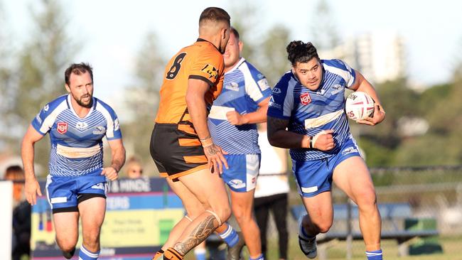 Tugun Seahawks (blue) vs. Southport Tigers at Tugun. A Grade. Samui Latu. 6 June 2021 Tugun Picture by Richard Gosling