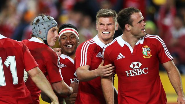 Lions celebrate Jamie Roberts try during Australian Wallabies vs British &amp; Irish Lions at ANZ Stadium.