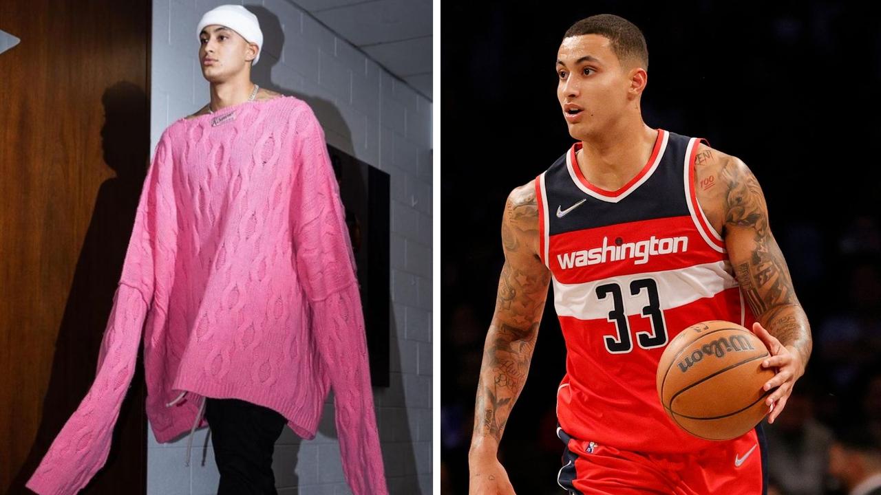 NBA 2021 Kyle Kuzma pink sweater, LeBron James reacts