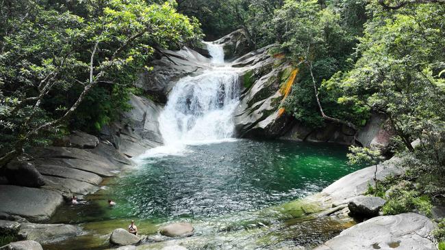 Aerial view of Josephine Falls. Located in Wooroonooran National Park and fed by water running down Queensland's highest mountain, Mt Bartle Frere, Josephine Falls is a the tiered, cascading waterfall on the Josephine Creek in World Heritage listed wet tropics rainforest. Picture: Brendan Radke