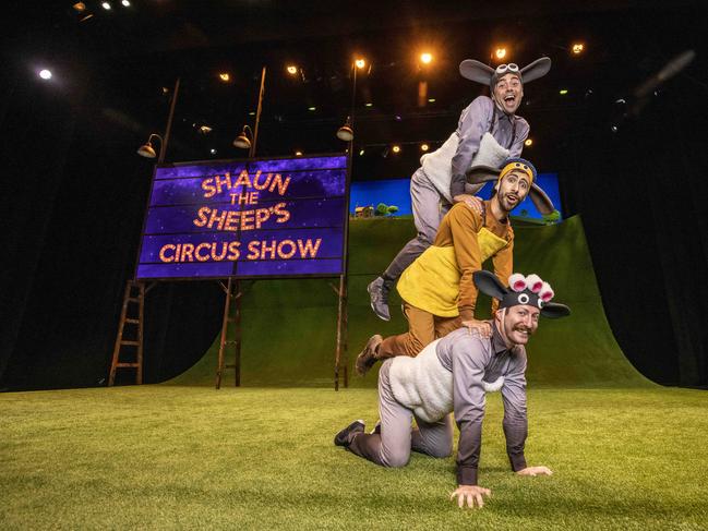 2 March 2021.Shaun the Sheep's Circus Show performers (Top - Bottom) Skip Walker-Milne, Jon Bonaventura and Nathan Boyle at the QPAC - Cremorne Theatre in Brisbane.Photo: Glenn Hunt / The Australian