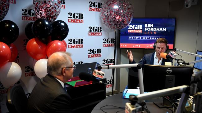 Prime Minister Scott Morrison interviewed by Ben Fordham on air during the breakfast program at 2GB’s Pyrmont Studio in Sydney.