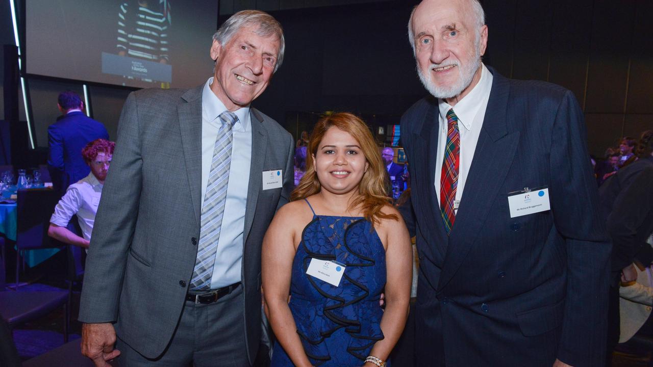 Russell Ebert (left), with Alicia Beik and Professor Richard Bruggemann at the 2021 SA Local Hero awards in October. Picture: Brenton Edwards