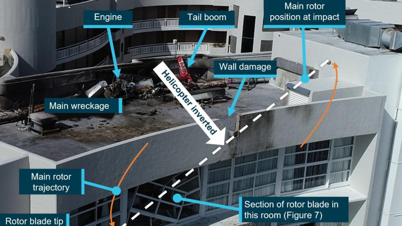 Parts of the chopper rotor were found in the rooms underneath the main crash site on the hotel room. Picture: ATSB