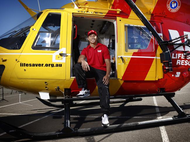 NRL star Jarome Luai joined forces with the Westpac Life Saver Rescue Helicopter Service to highlight the importance of water safety. Picture: Richard Dobson