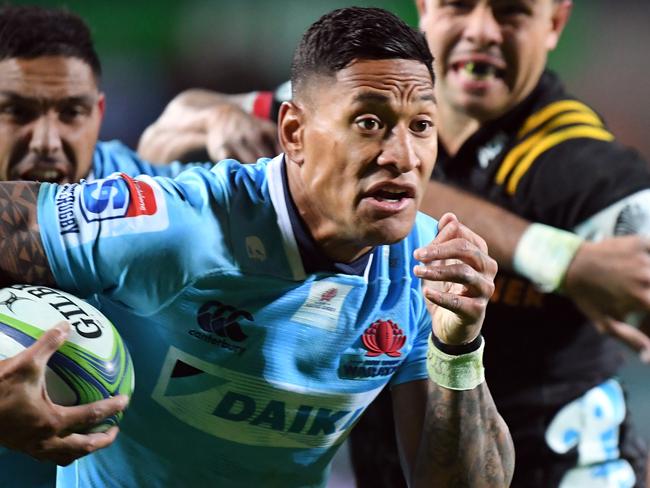 Israel Folau of the Waratahs against the Chiefs in the Super Rugby match between the Waratahs and the Chiefs at Waikato Stadium in Hamilton, New Zealand, May 26, 2018.  (AAP Image/SNPA, Ross Setford) NO ARCHIVING, EDITORIAL USE ONLY