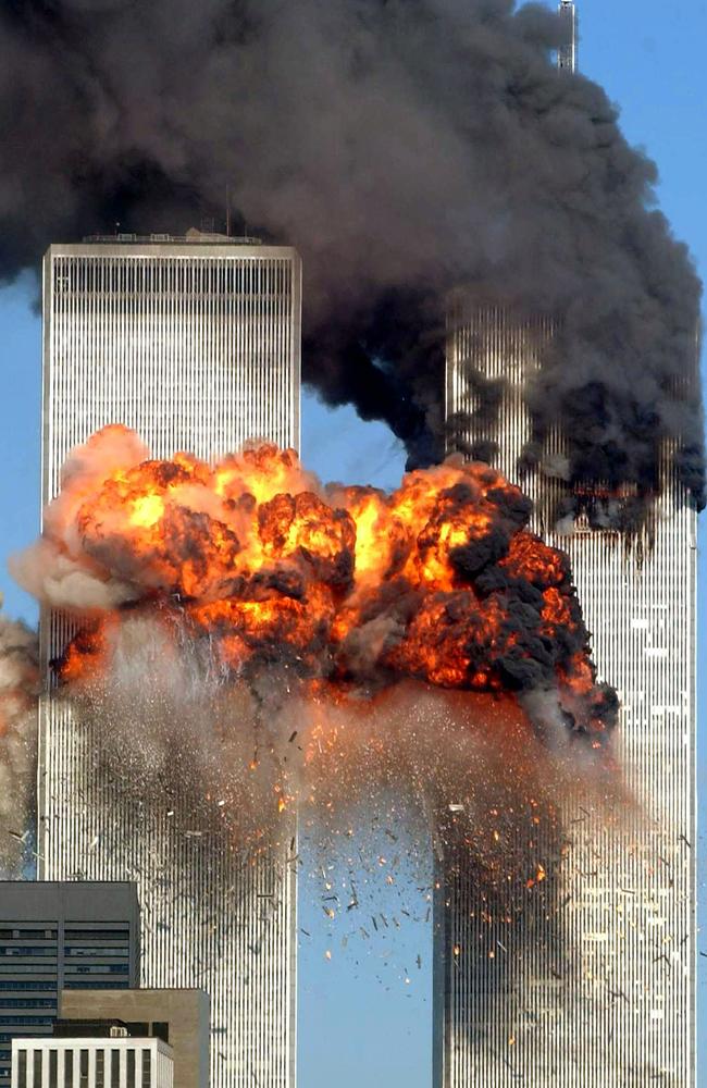 NEW YORK — SEPTEMBER 11: Hijacked United Airlines Flight 175 from Boston crashes into the south tower of the World Trade Center and explodes at 9:03am on September 11, 2001 in New York City. The crash of two airliners hijacked by terrorists loyal to al Qaeda leader Osama bin Laden and subsequent collapse of the twin towers killed some 2,800 people. Picture: Spencer Platt/Getty Images