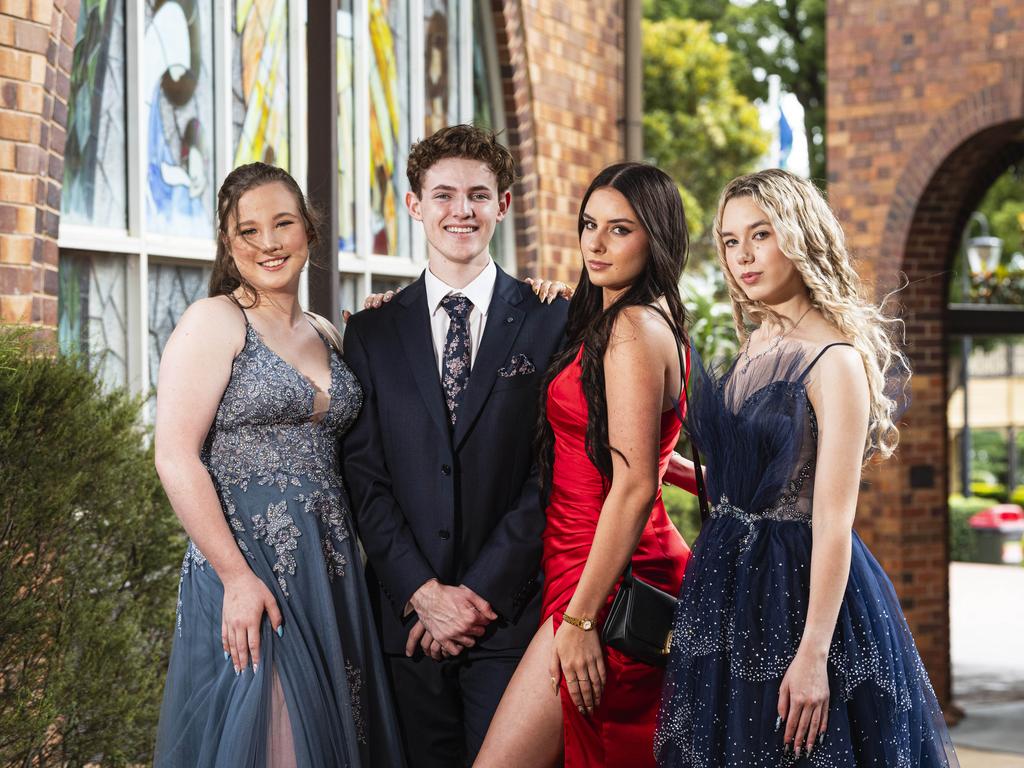 Graduates (from left) Paige Brindell, Sam Luck, Amy Dann and Holly Smith as Downlands College year 12 students come together for their valedictory mass at the college, Saturday, November 16, 2024. Picture: Kevin Farmer