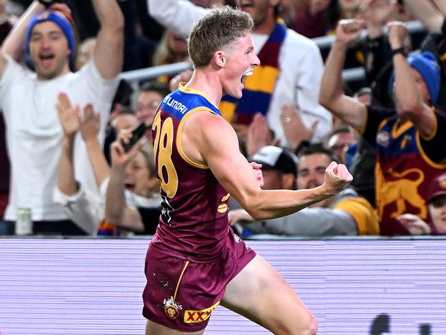 BRISBANE, AUSTRALIA - SEPTEMBER 09: Jaspa Fletcher of the Lions celebrates kicking a goal during the Second Qualifying Final AFL match between the Brisbane Lions and Port Adelaide Power at The Gabba, on September 09, 2023, in Brisbane, Australia. (Photo by Bradley Kanaris/Getty Images)