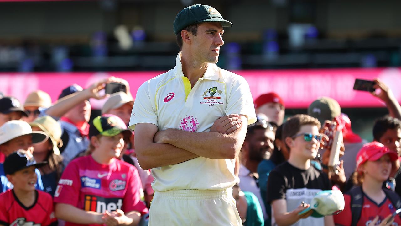 SYDNEY, AUSTRALIA - JANUARY 08: Pat Cummins of Australia looks on during day five of the Third Test match in the series between Australia and South Africa at Sydney Cricket Ground on January 08, 2023 in Sydney, Australia. (Photo by Cameron Spencer/Getty Images)