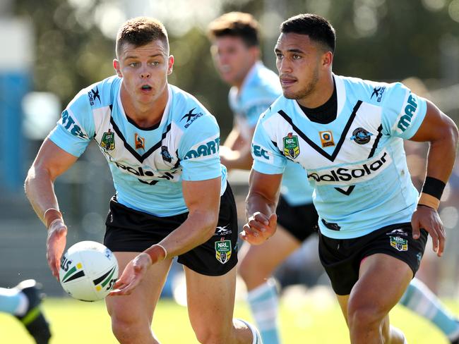 Sharks rake Jayden Brailey links with Valentine Holmes at Southern Cross Group Stadium. Picture: Gregg Porteous