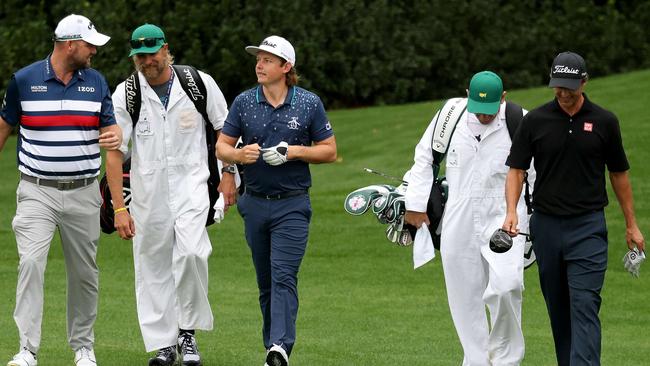 Aussie trio Marc Leishman, Cameron Smith and Adam Scott all played a practice round together on Tuesday at Augusta. Picture: Rob Carr/Getty Images/AFP