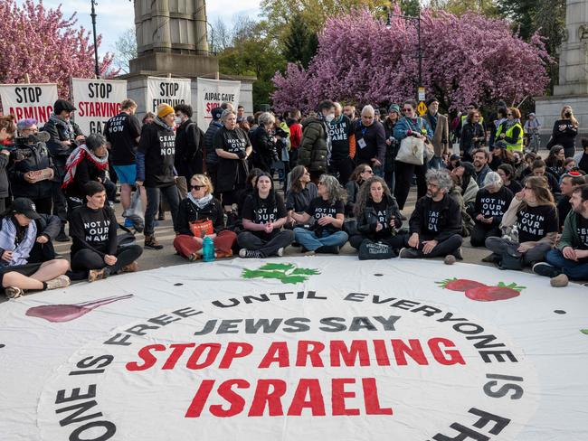 Jews and supporters in Brooklyn hold a Passover Seder to protest the war in Gaza. The event resulted in dozens of arrests. Picture: AFP