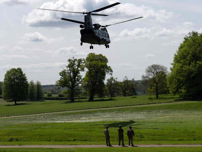 A Chinook helicopter, carrying Ukraine's President Volodymyr Zelenskyy, takes off from Chequers, the official country residence of Britain's Prime Minister Rishi Sunak. Picture: AFP