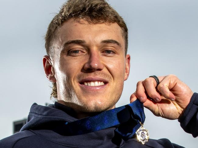 MELBOURNE, AUSTRALIA - SEPTEMBER 24: 2024 Brownlow Medal winner Patrick Cripps of the Blues poses for a photo at Crown Promenade Riverside on September 24, 2024 in Melbourne, Australia. (Photo by Darrian Traynor/Getty Images)