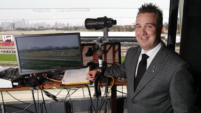 Race caller Matt Hill before the Derby Day races. Pic: Michael Klein