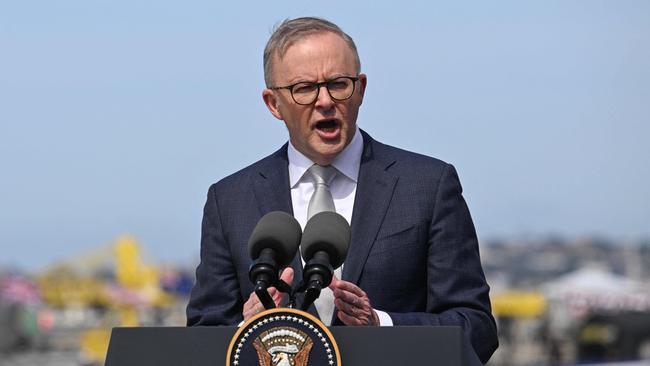 Anthony Albanese speaks during a press conference at Naval Base Point Loma in San Diego, California, in March 2023. Picture: AFP