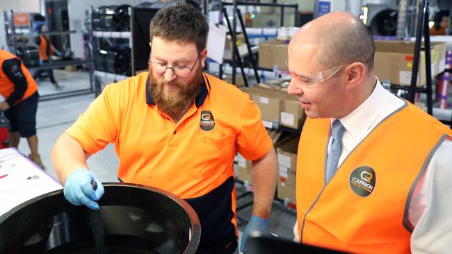 Treasurer Josh Frydenberg visits Carbon Revolution factory in Geelong as he sells the budget. Picture: NCA NewsWire/David Crosling