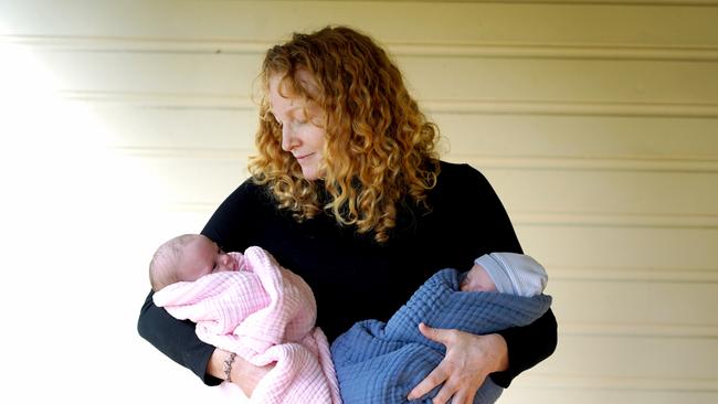 Elizabeth Medland, from Clunes in the Byron Bay hinterland with babies Victoria and William. Picture: Michael Sainsbury