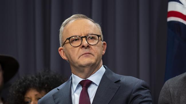 Anthony Albanese holds a press conference with members of the Referendum Working Group in Canberra. Picture: NCA NewsWire / Martin Ollman