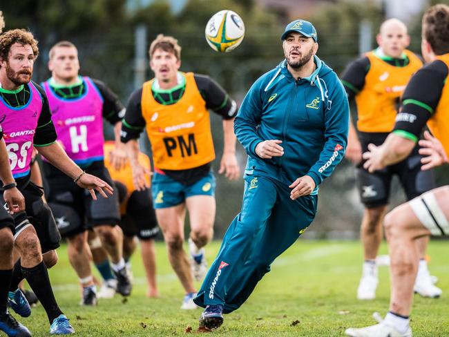 Michael Cheika mixes in with his players at Gosch's Paddock for the June Test against Fiji at AAMI Park on Saturday. Picture: Stuart Walmsley/rugby.com.au