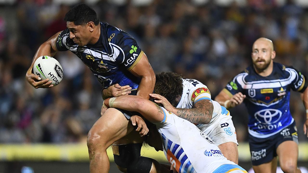 The Titans find it difficult to stop Jason Taumalolo. Picture: Ian Hitchcock/Getty Images