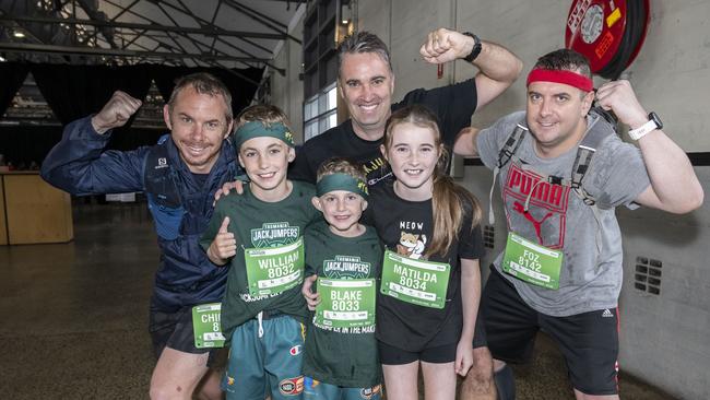 HOBART AIRPORT MARATHON 2024 Grant Mannix, William Paul, Blake Paul, Matilda Paul, Jason Paul and Shane Mannix. Picture: Caroline Tan