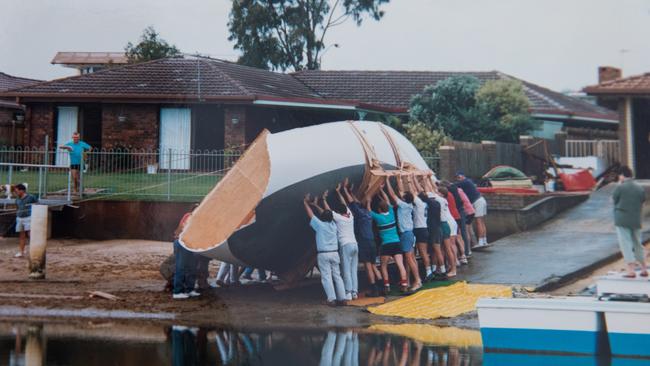 Ian Gleeson's partially-built yacht dream is carried out of the house and turned.