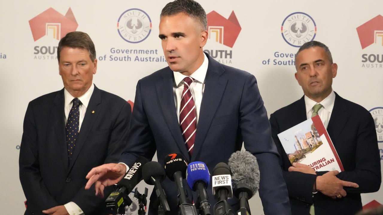 Premier Peter Malinauskas announcing in February his government had pushed the Whyalla steelworks into administration. Picture: Dean Martin