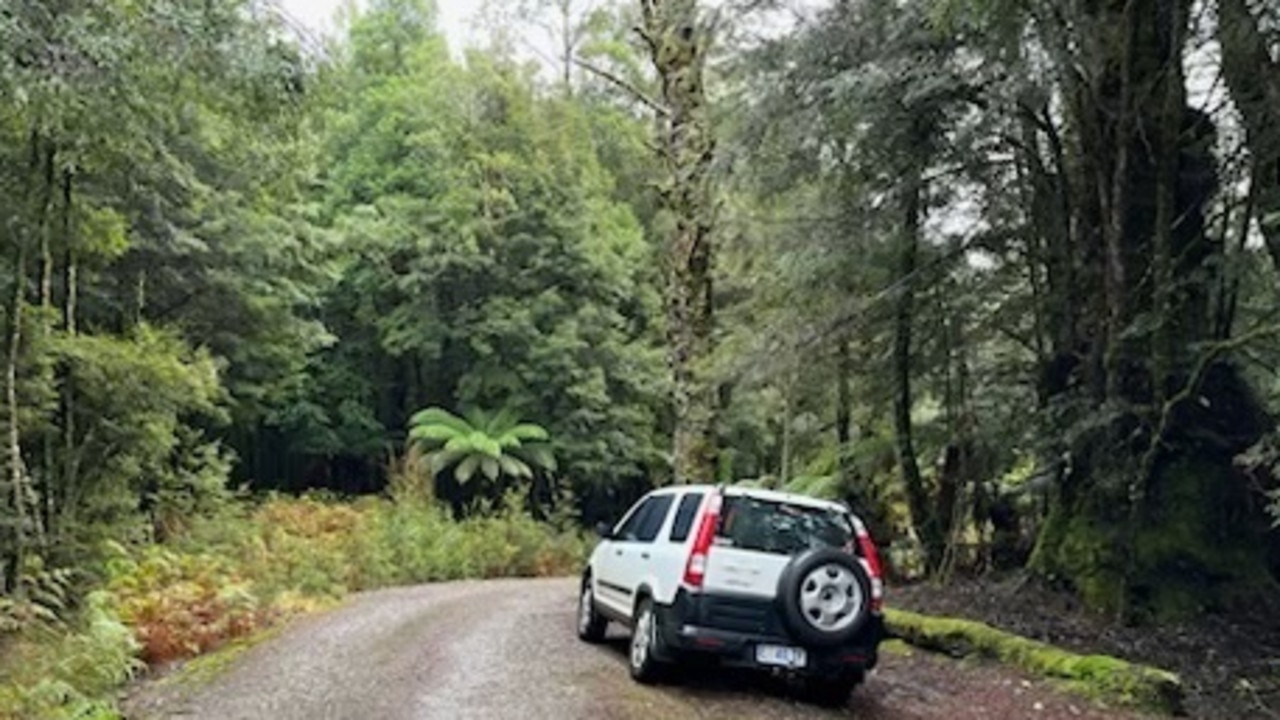 Search site at the entrance to Philosopher Falls, near Waratah, for missing Belgian tourist Celine Cremer. Her white Honda CRV was found on Tuesday. Picture: Tasmania Police