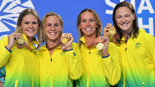 Shayna Jack, Bronte Campbell, Emma McKeon and Cate Campbell with their Commonweath Games gold medals. Picture: AAP Image/Darren England