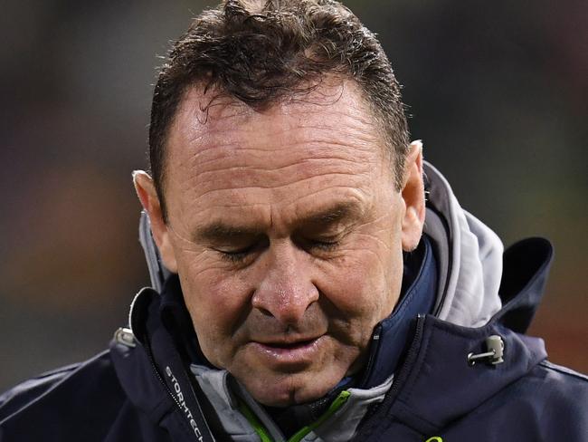 Raiders coach Ricky Stuart reacts during the round 17 NRL match between the Canberra Raiders and the North Queensland Cowboys at GIO Stadium in Canberra, Saturday, July 1, 2017. (AAP Image/Your Name) NO ARCHIVING