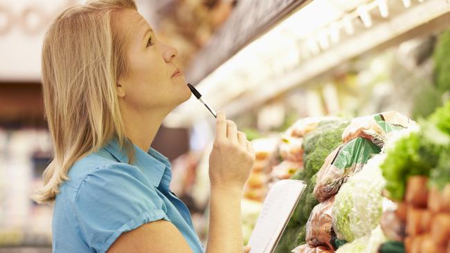 Woman Reading Shopping List In supermarket, groceries generic