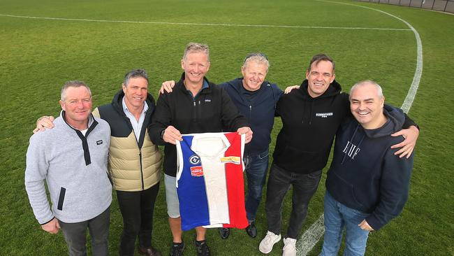 East Ballarat 1993 premiership players, from left, Scott O'Donohue, Terry Simpson, Matt Steven, Tony Evans, Peter Jacks and Jim O'Connell. Picture: Yuri Kouzmin