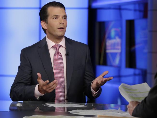 Donald Trump Jr is interviewed on Fox News in New York on Tuesday. Picture: AP Photo/Richard Drew