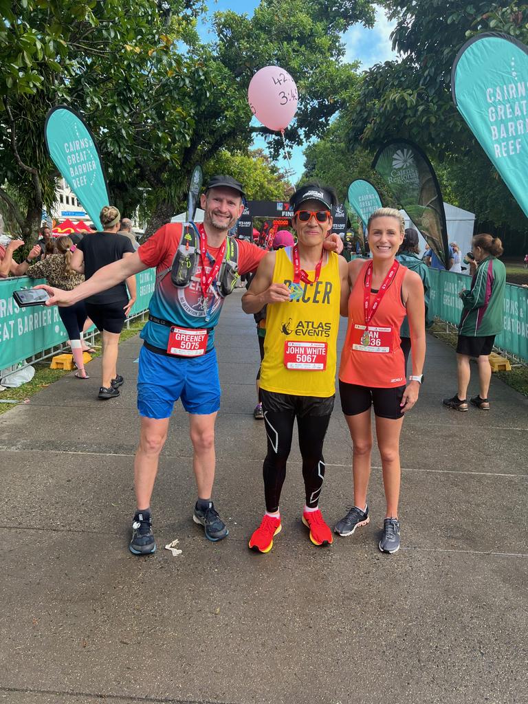 Runners Aaron Green &amp; Hannah Mendes with pacer John White. Photo: Atlas Events.